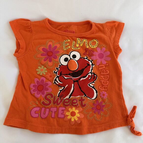 Elmo Girls Tee Size 4T Short Sleeve Sesame Street Orange Floral Happy T-Shirt - Picture 6 of 6